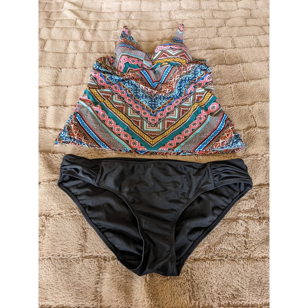 Time and Tru Women Tankini Swimsuit Set L 12-14 Tribal Print Geometric Black 2pc
